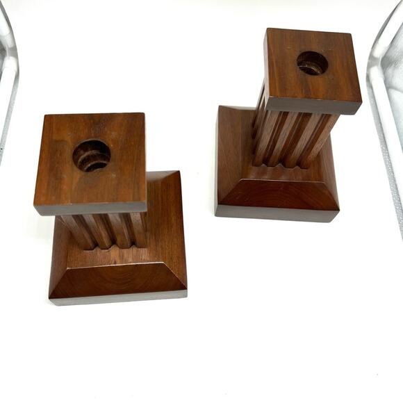 Vintage MCM Paired Wooden CandleStick Holders Square Clean Lines - Picture 3 of 10